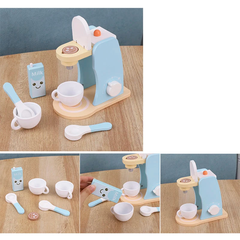 Wooden Kitchen Pretend Play Toy Simulation Wooden Coffee Machine Toaster Machine Food Mixer Baby Early Learning Educational Toys