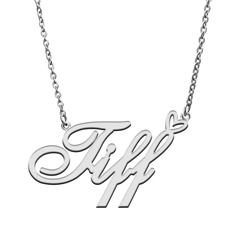 Tiff with Love Heart Name Necklace for Women Stainless Steel Jewelry Nameplate Pendant Femme Mother Child Girls Gift