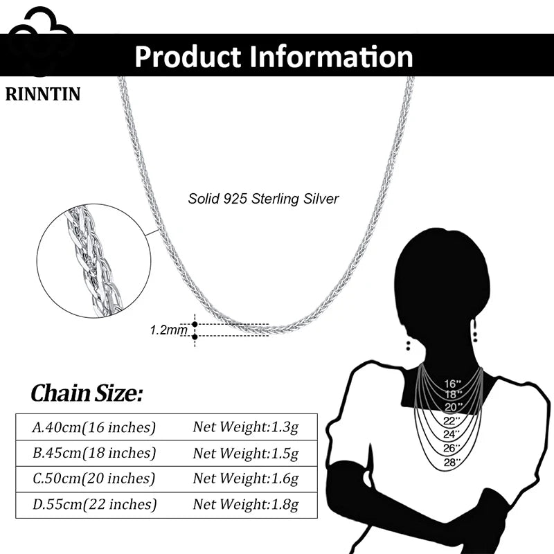 Rinntin 925 Sterling Silver Italian Handmade 1.2/1.6/2.0mm Chopin Chain Necklace for Women Fashion Basic Neck Chain Jewelry SC53