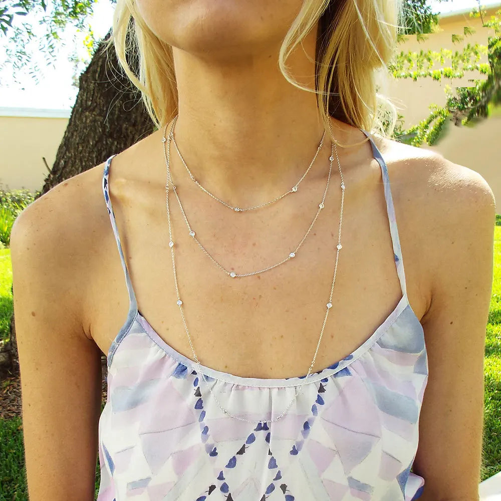 3MM Bezel Set Round Dot Geometric CZ Station Chain Necklace 100% 925 Stelring Silver 46cm 85cm 102cm Multi Layer Chains