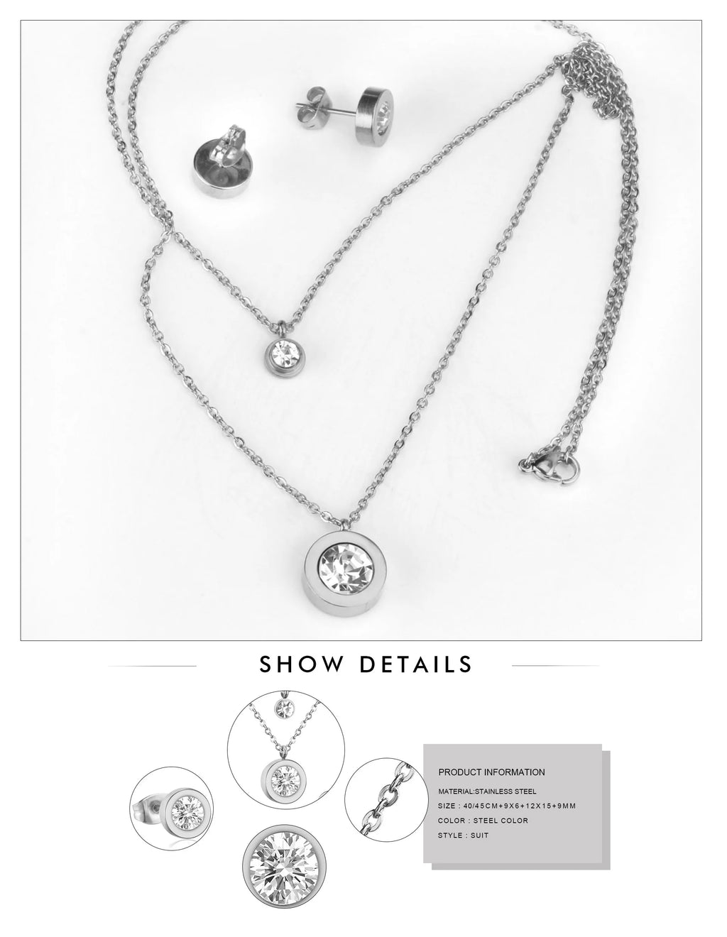 LUXUSTEEL Cubic Zirconia Jewelry Sets Stainless Steel Double Round Pendant Necklace Earring Sets Female Chain Jewelry Bijoux