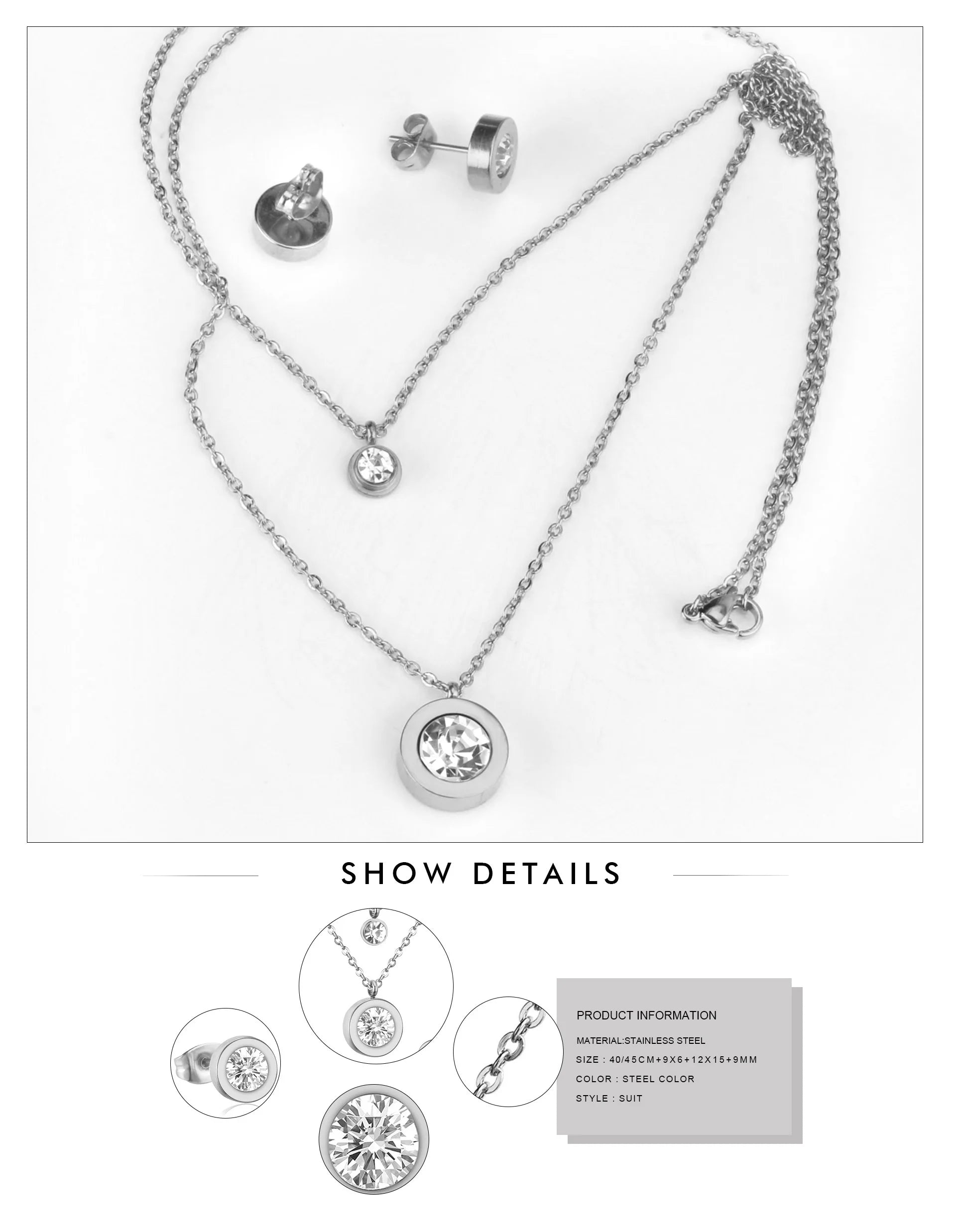 LUXUSTEEL Cubic Zirconia Jewelry Sets Stainless Steel Double Round Pendant Necklace Earring Sets Female Chain Jewelry Bijoux