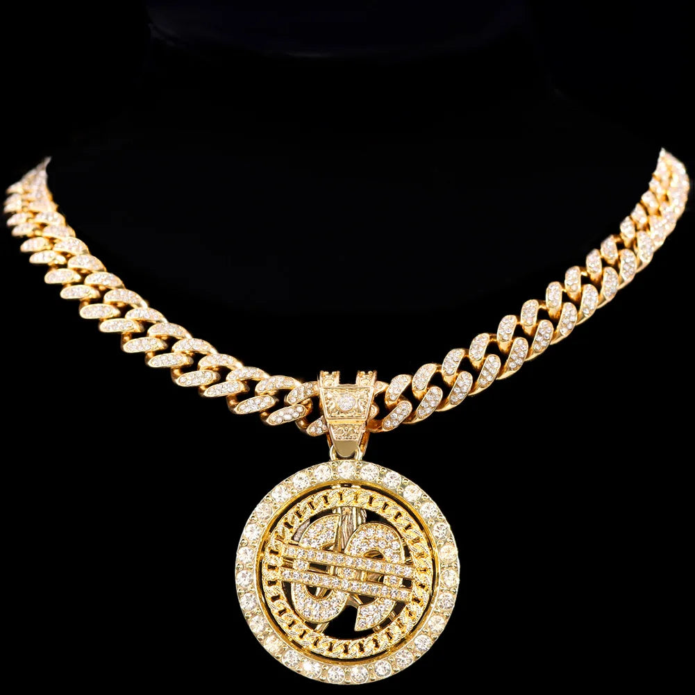 Bling Rhinestone Dollar Pendant Necklace For Men Silver Color Iced out 13mm Cuban Chain Choker Necklaces Hiphop Rap Rock Jewelry