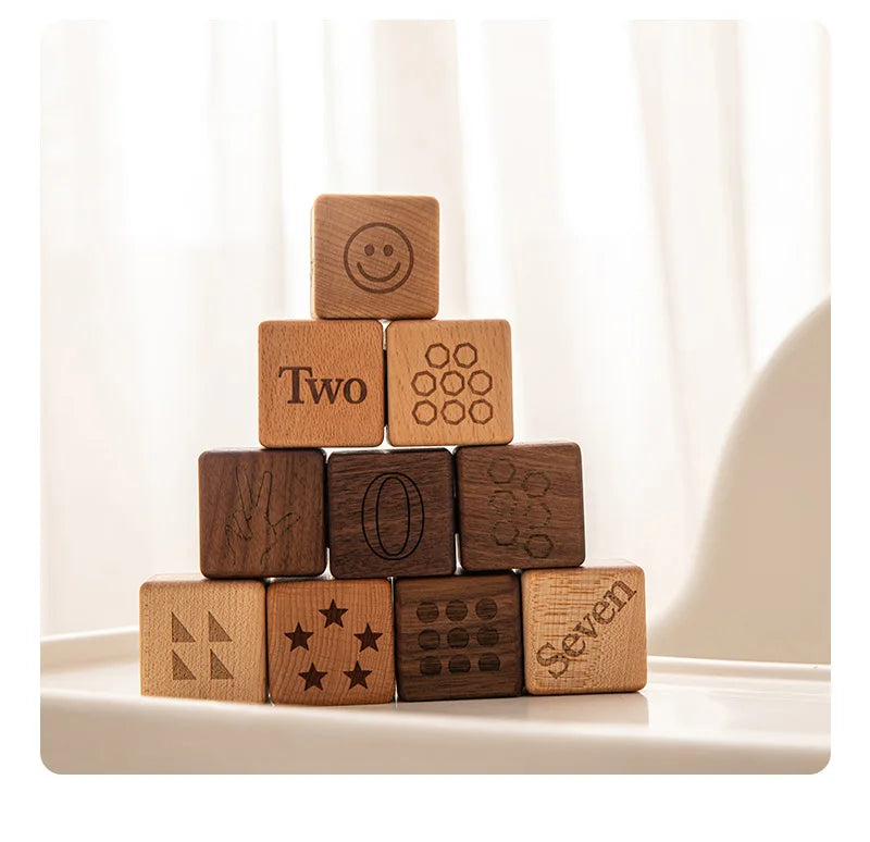10pcs Baby Wooden Toys Educational Building Blocks 3D Stacking Block Teaching Numbers English Early Education Montessori Toys