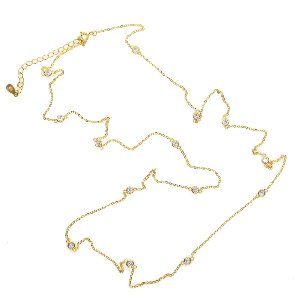3MM Bezel Set Round Dot Geometric CZ Station Chain Necklace 100% 925 Stelring Silver 46cm 85cm 102cm Multi Layer Chains