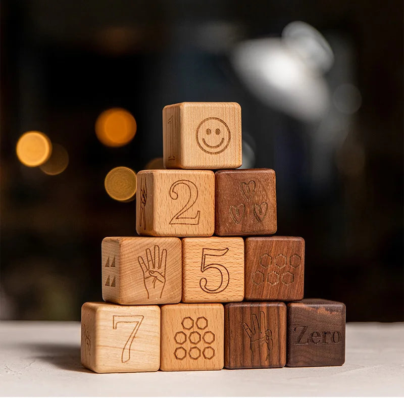 10pcs Baby Wooden Toys Educational Building Blocks 3D Stacking Block Teaching Numbers English Early Education Montessori Toys