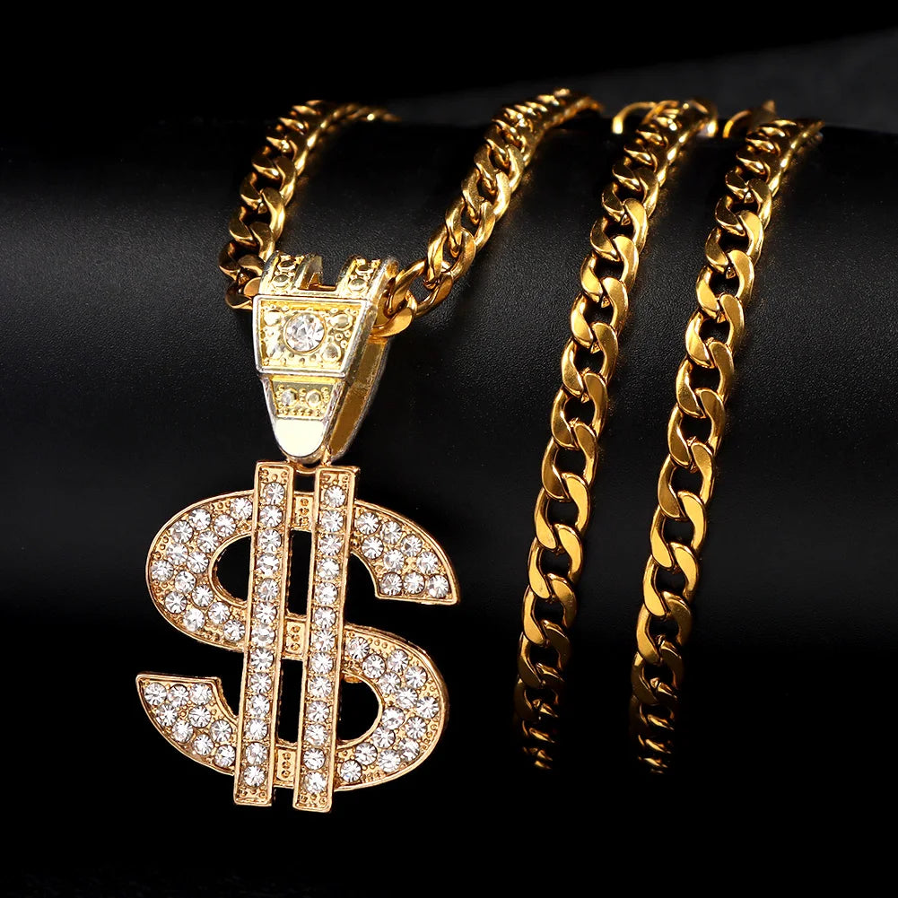 Bling Rhinestone Dollar Pendant Necklace For Men Silver Color Iced out 13mm Cuban Chain Choker Necklaces Hiphop Rap Rock Jewelry