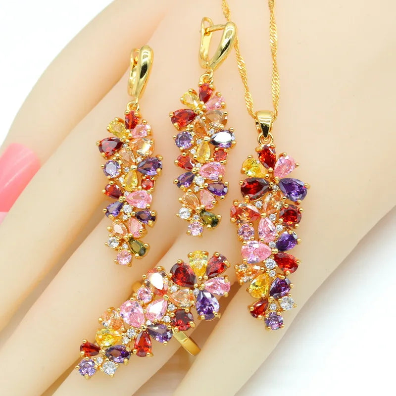 Luxury Multi Color Zirconia Gold Color wedding Jewelry Sets for Women Earrings Necklace Pendant Rings Gift Box