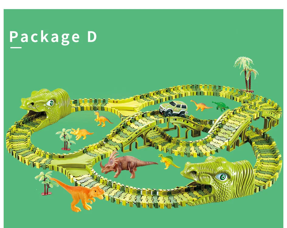 Dinosaur Themed Plastic Racing Track Set Bend Flexible Race Track with Electronic Car Educational Toys for Children