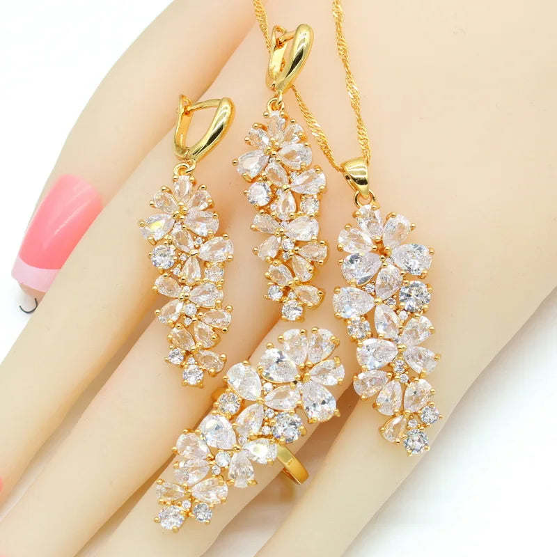 Luxury Multi Color Zirconia Gold Color wedding Jewelry Sets for Women Earrings Necklace Pendant Rings Gift Box