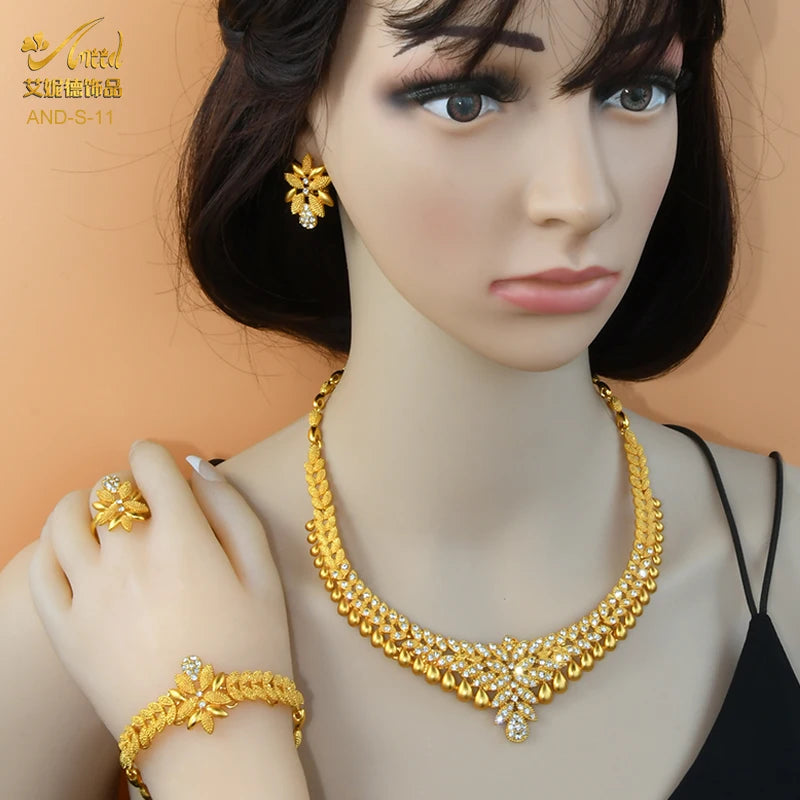ANIID African Jewelry Set Big Necklace Dubai Ethiopian Gold Color Jewelery Earring Bracelet For Women Bridal Choker Wholesale