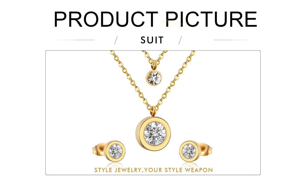LUXUSTEEL Cubic Zirconia Jewelry Sets Stainless Steel Double Round Pendant Necklace Earring Sets Female Chain Jewelry Bijoux