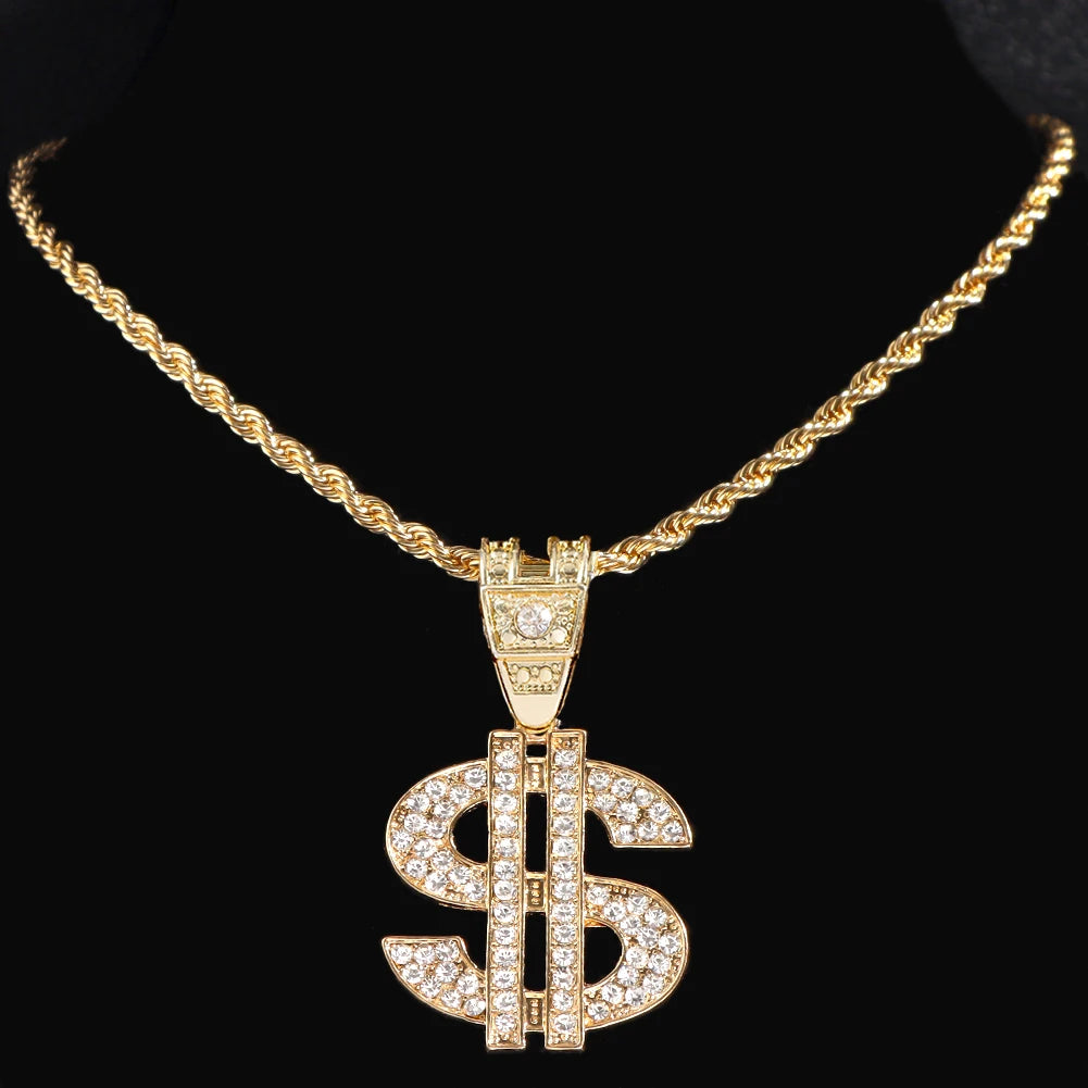 Bling Rhinestone Dollar Pendant Necklace For Men Silver Color Iced out 13mm Cuban Chain Choker Necklaces Hiphop Rap Rock Jewelry