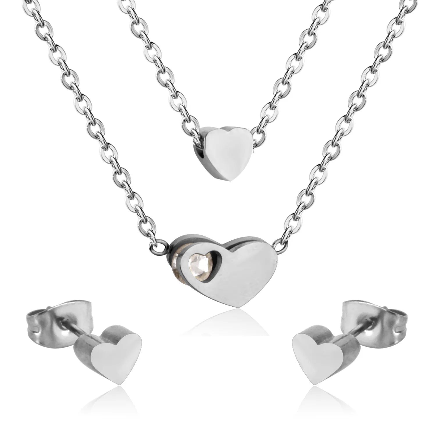 LUXUSTEEL Cubic Zirconia Jewelry Sets Stainless Steel Double Round Pendant Necklace Earring Sets Female Chain Jewelry Bijoux