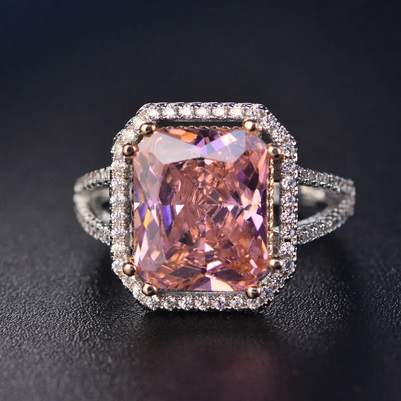 Top Quality Silver Jewelry Sets Pink Quartz Cubic Zircon Ring Earrings Necklace Wedding Exquisite Jewelry Wholesale FCGJHW