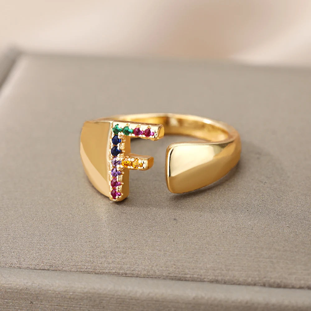 Rainbow Zircon Letter Rings For Women Fashion Chunky Wide Letter A-Z Stainless Steel Ring Wedding Boho Jewelry free shipping