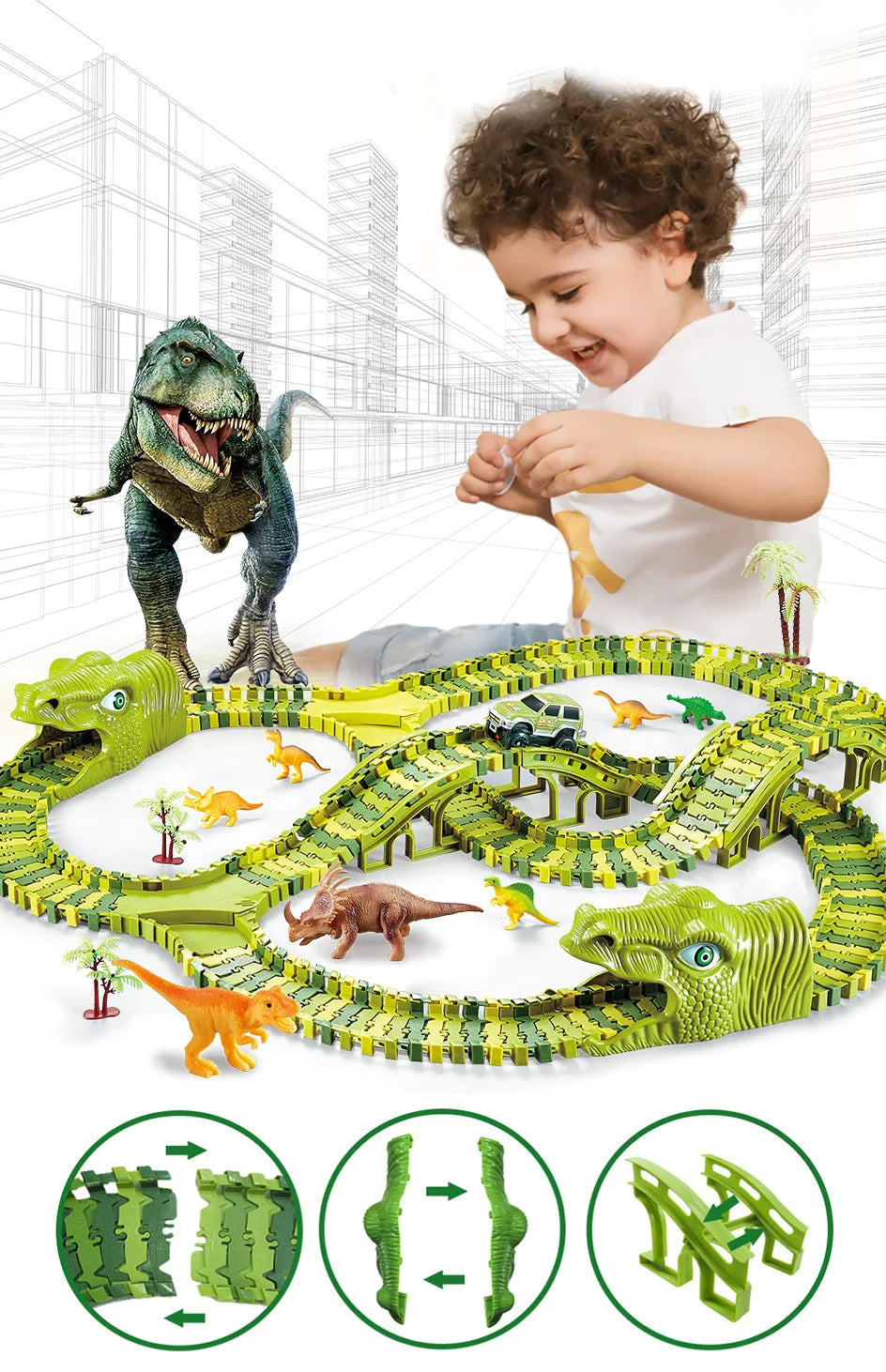 Dinosaur Themed Plastic Racing Track Set Bend Flexible Race Track with Electronic Car Educational Toys for Children