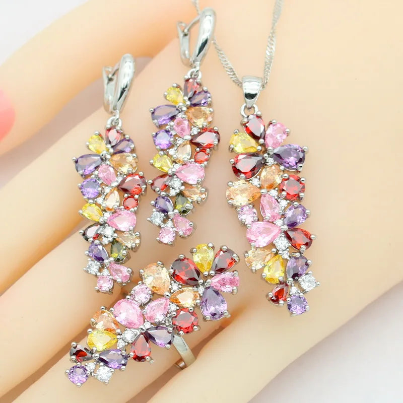 Luxury Multi Color Zirconia Gold Color wedding Jewelry Sets for Women Earrings Necklace Pendant Rings Gift Box