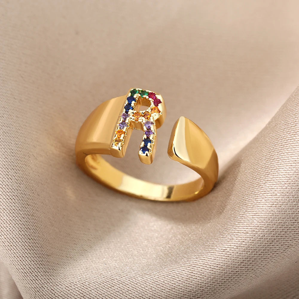 Rainbow Zircon Letter Rings For Women Fashion Chunky Wide Letter A-Z Stainless Steel Ring Wedding Boho Jewelry free shipping
