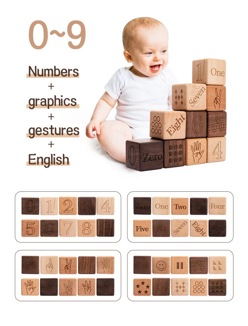 10pcs Baby Wooden Toys Educational Building Blocks 3D Stacking Block Teaching Numbers English Early Education Montessori Toys