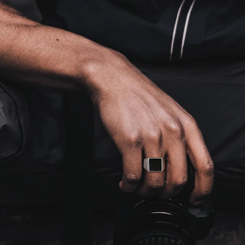 Vnox 12.5mm Signet Ring for Men, Black Square Top Stainless Steel Finger Band, Gothic Punk Rock Boy Stamp Rings
