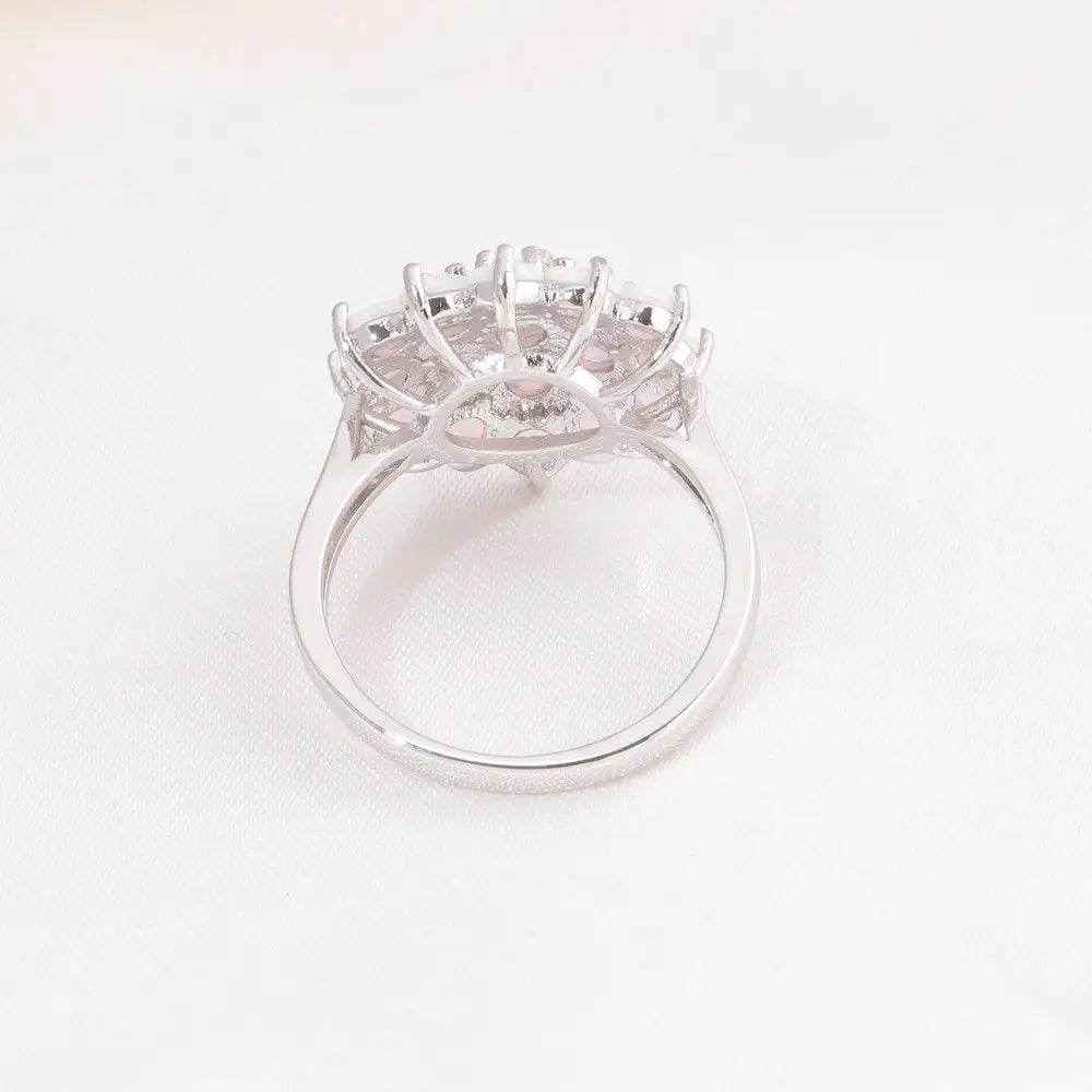 CiNily Luxury White Round Fire Opal Ring 925 Sterling Silver Flower Bloom Plant Big Ring Wedding Party Fashion Jewelry for Women