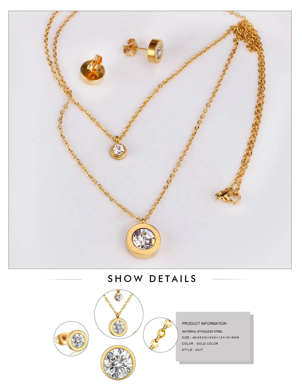 LUXUSTEEL Cubic Zirconia Jewelry Sets Stainless Steel Double Round Pendant Necklace Earring Sets Female Chain Jewelry Bijoux