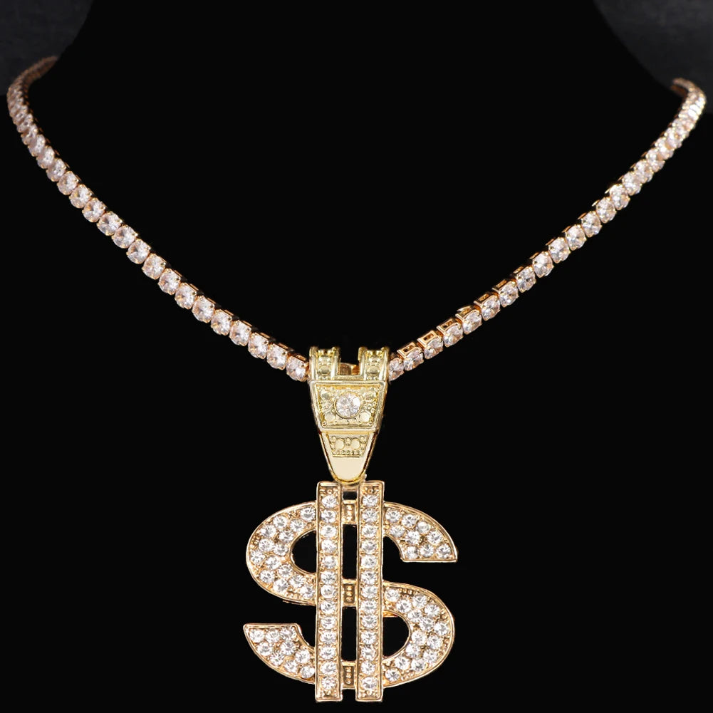 Bling Rhinestone Dollar Pendant Necklace For Men Silver Color Iced out 13mm Cuban Chain Choker Necklaces Hiphop Rap Rock Jewelry