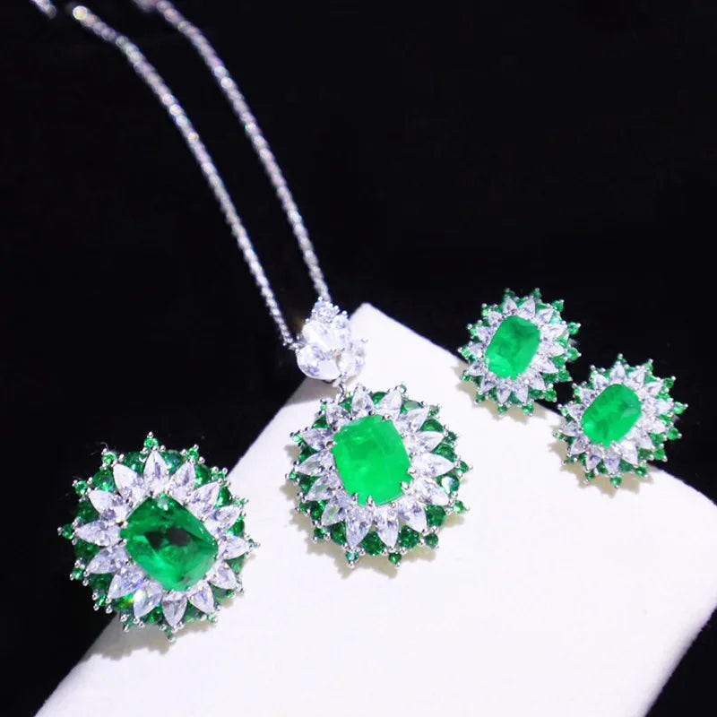 Foydjew Artificial Simulation Emerald Set Royal Sapphires Color Treasure Pendants Necklaces Open Rings Inlaid Stud Earrings