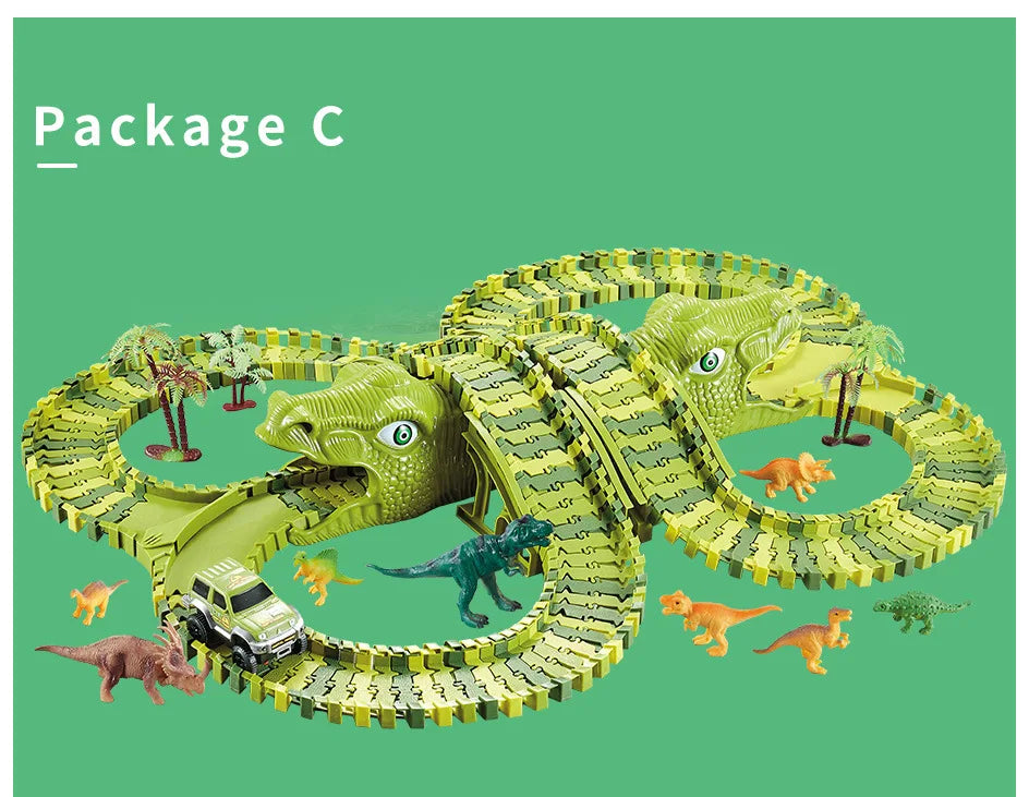 Dinosaur Themed Plastic Racing Track Set Bend Flexible Race Track with Electronic Car Educational Toys for Children