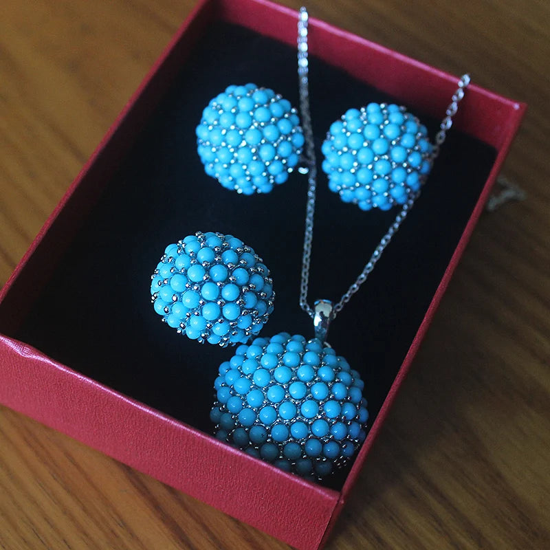Ajojewel New Blue Hydrangea Flower Jewelry Sets For Women Ladies Beautiful Resin Earrings Pendant Necklace Ring Size 7,8,9
