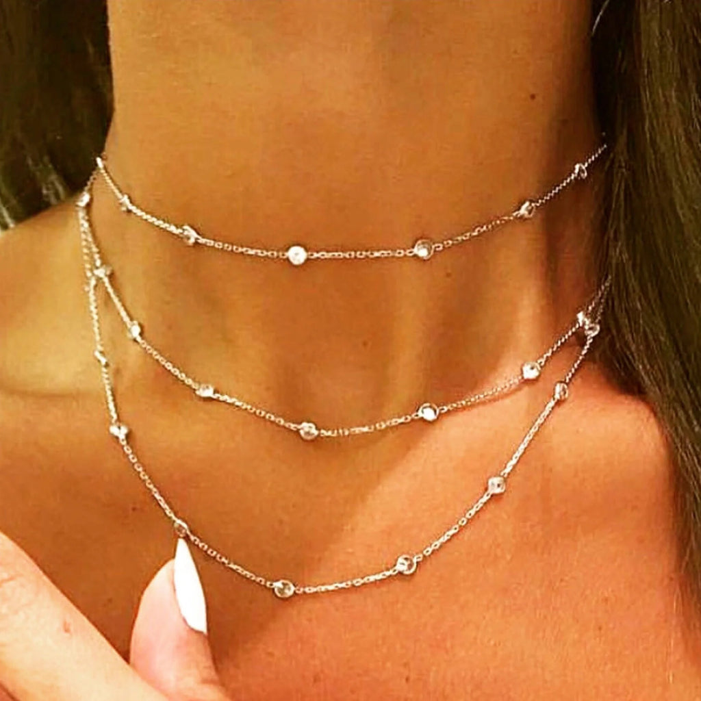 3MM Bezel Set Round Dot Geometric CZ Station Chain Necklace 100% 925 Stelring Silver 46cm 85cm 102cm Multi Layer Chains