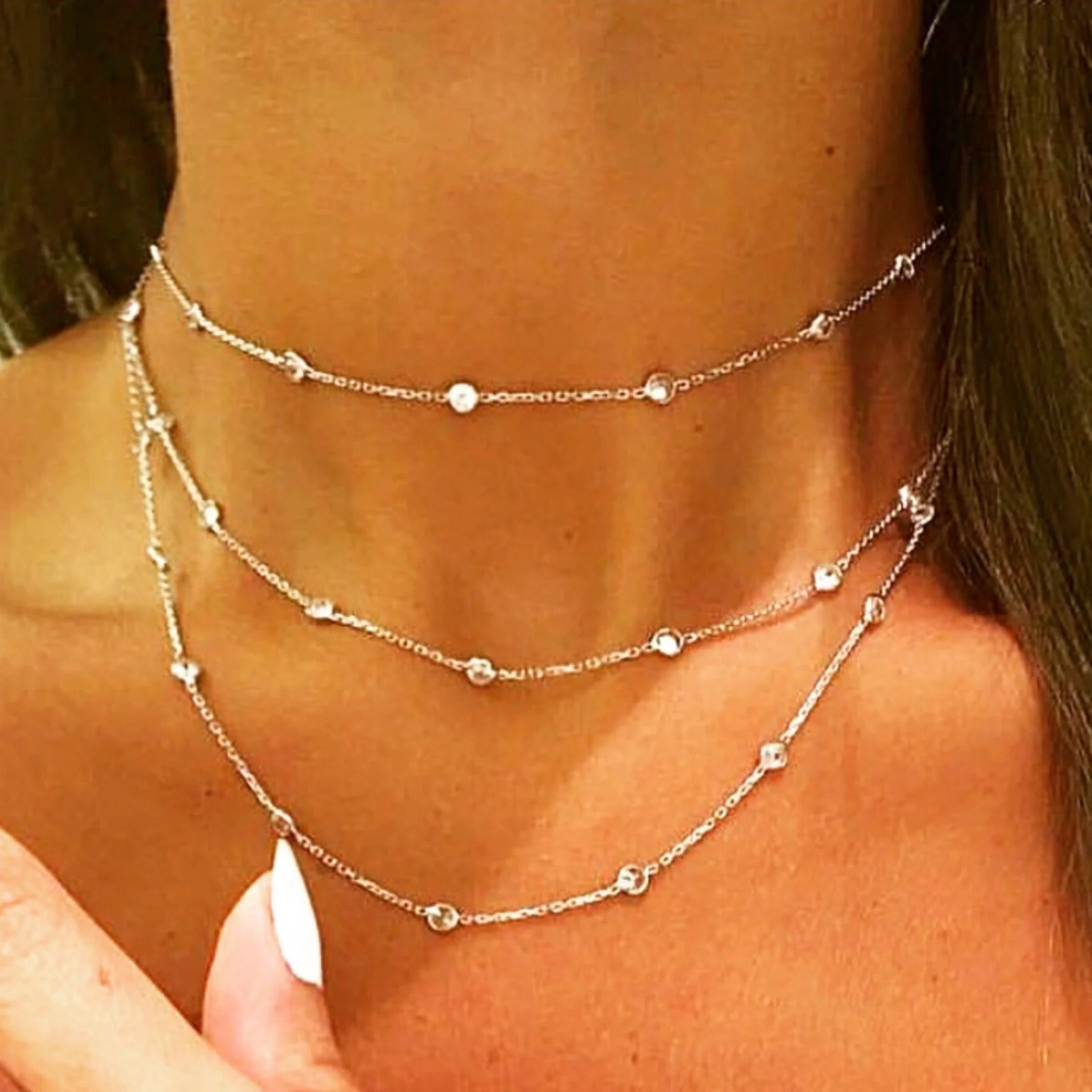 3MM Bezel Set Round Dot Geometric CZ Station Chain Necklace 100% 925 Stelring Silver 46cm 85cm 102cm Multi Layer Chains