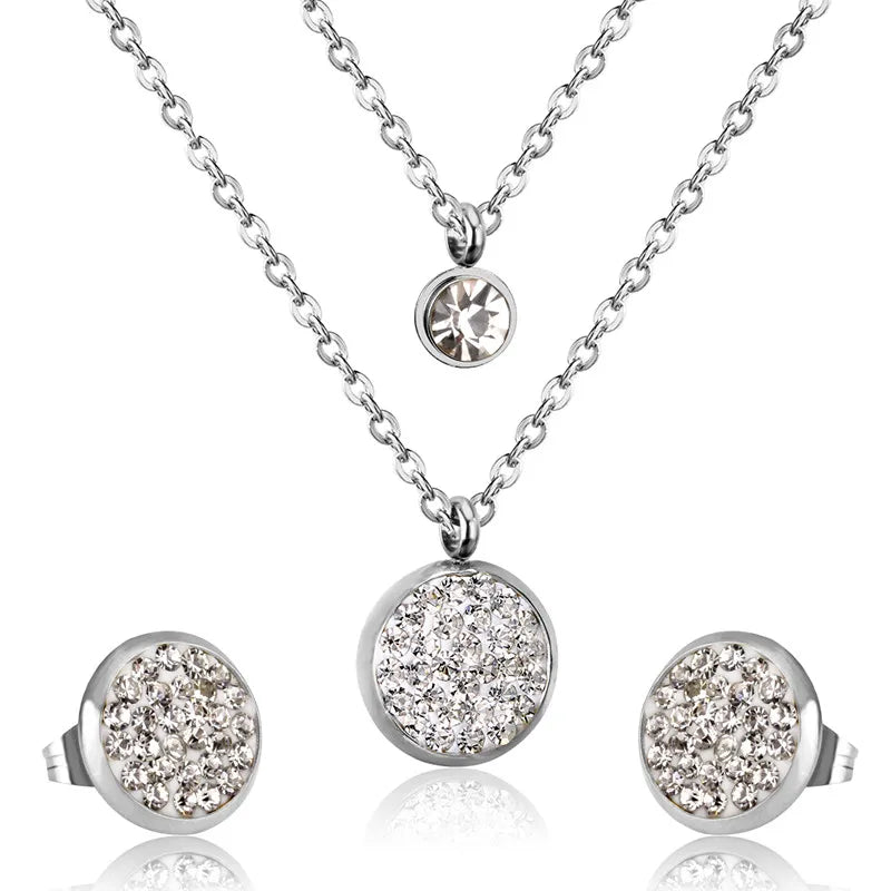 LUXUSTEEL Cubic Zirconia Jewelry Sets Stainless Steel Double Round Pendant Necklace Earring Sets Female Chain Jewelry Bijoux