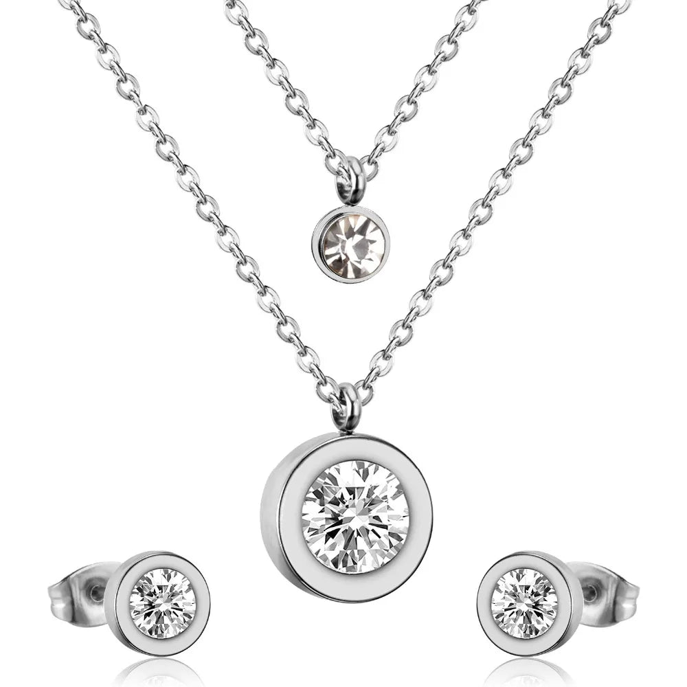 LUXUSTEEL Cubic Zirconia Jewelry Sets Stainless Steel Double Round Pendant Necklace Earring Sets Female Chain Jewelry Bijoux