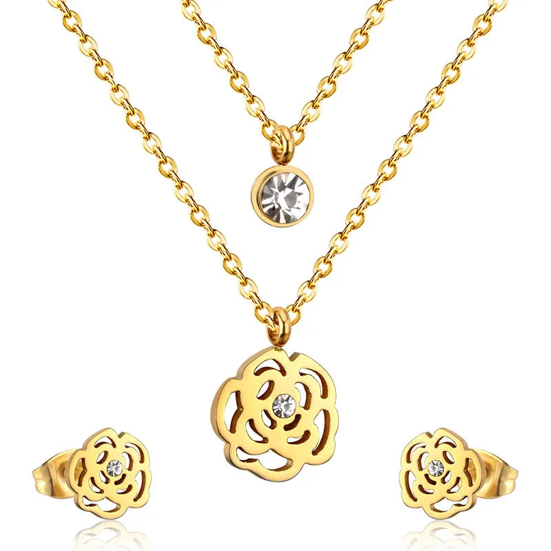 LUXUSTEEL Cubic Zirconia Jewelry Sets Stainless Steel Double Round Pendant Necklace Earring Sets Female Chain Jewelry Bijoux