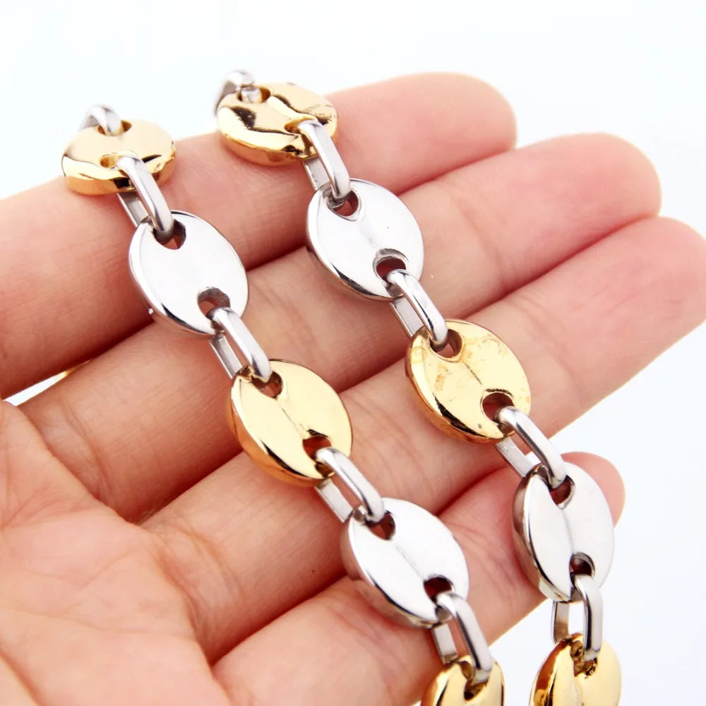 7/9/11mm 7-40" High Quality Mens Womens 316L Stainless Steel Silver Gold Color Coffee Bean Beads Chain Necklace or Bracelet