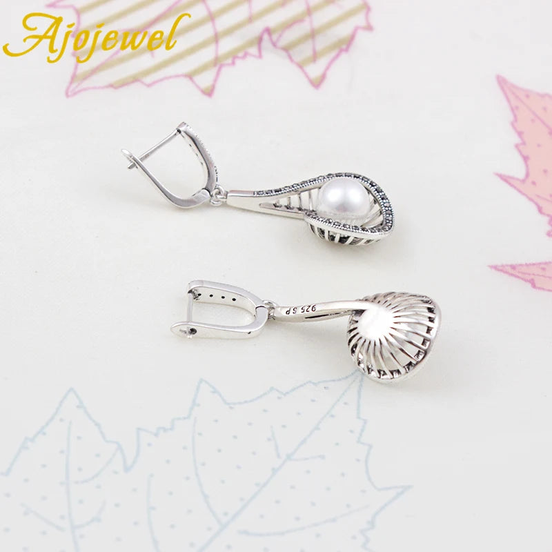 Ajojewel Vintage Pearl Jewelry Set For Women White Pearl Drop Earrings Long Pendant Necklce Luxury Ring Nice Gifts For New Year