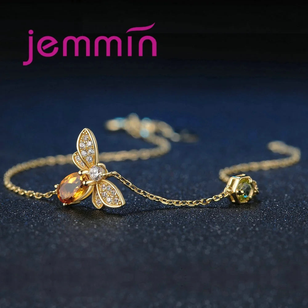 New Arrival Women Fashion Full Sets Bee Jewelry 925 Silver Trendy Gold Color Bracelet Earrings Pendant Necklace For Sale