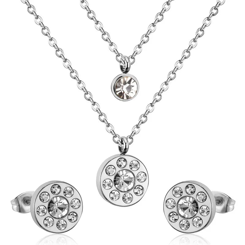 LUXUSTEEL Cubic Zirconia Jewelry Sets Stainless Steel Double Round Pendant Necklace Earring Sets Female Chain Jewelry Bijoux