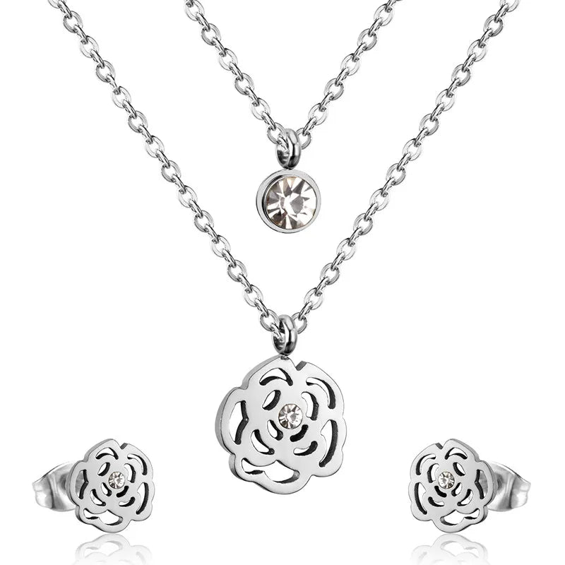 LUXUSTEEL Cubic Zirconia Jewelry Sets Stainless Steel Double Round Pendant Necklace Earring Sets Female Chain Jewelry Bijoux