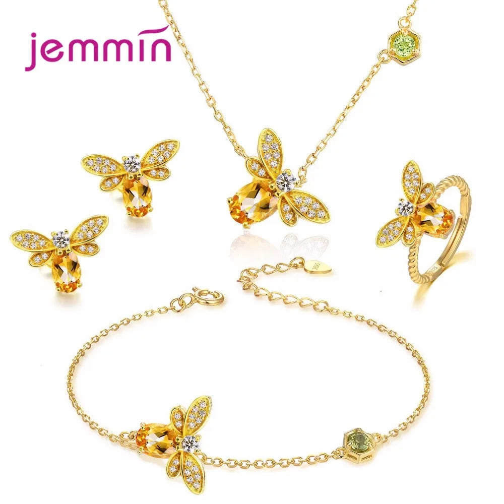 New Arrival Women Fashion Full Sets Bee Jewelry 925 Silver Trendy Gold Color Bracelet Earrings Pendant Necklace For Sale