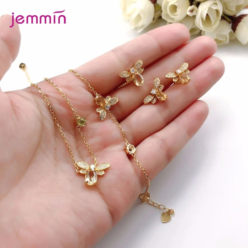 New Arrival Women Fashion Full Sets Bee Jewelry 925 Silver Trendy Gold Color Bracelet Earrings Pendant Necklace For Sale
