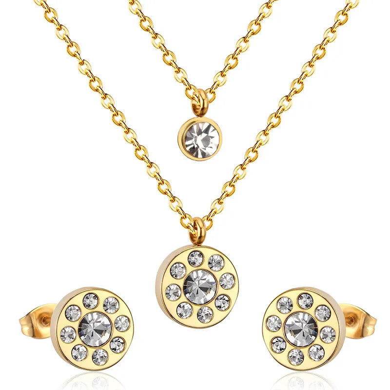 LUXUSTEEL Cubic Zirconia Jewelry Sets Stainless Steel Double Round Pendant Necklace Earring Sets Female Chain Jewelry Bijoux