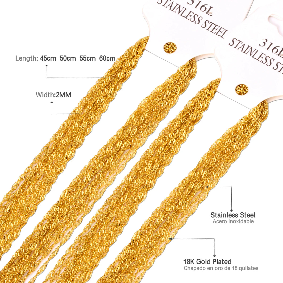 LUXUKISSKIDS Singapore Twisted Wholesale Chains Necklace 10pcs/lots Golden/Steel 2mm DIY Making Chain 18"20"22"24inch No Fade