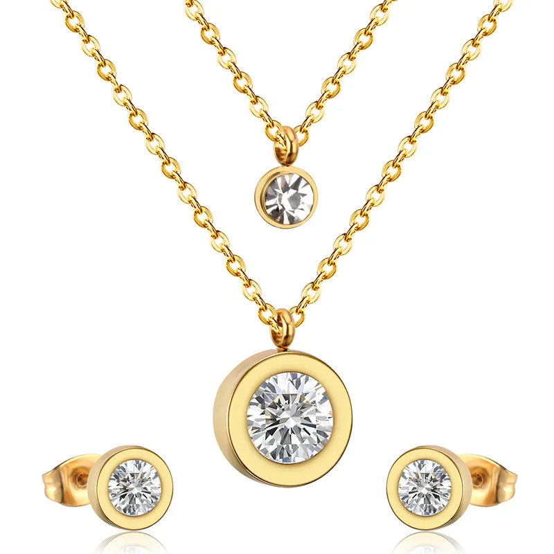 LUXUSTEEL Cubic Zirconia Jewelry Sets Stainless Steel Double Round Pendant Necklace Earring Sets Female Chain Jewelry Bijoux
