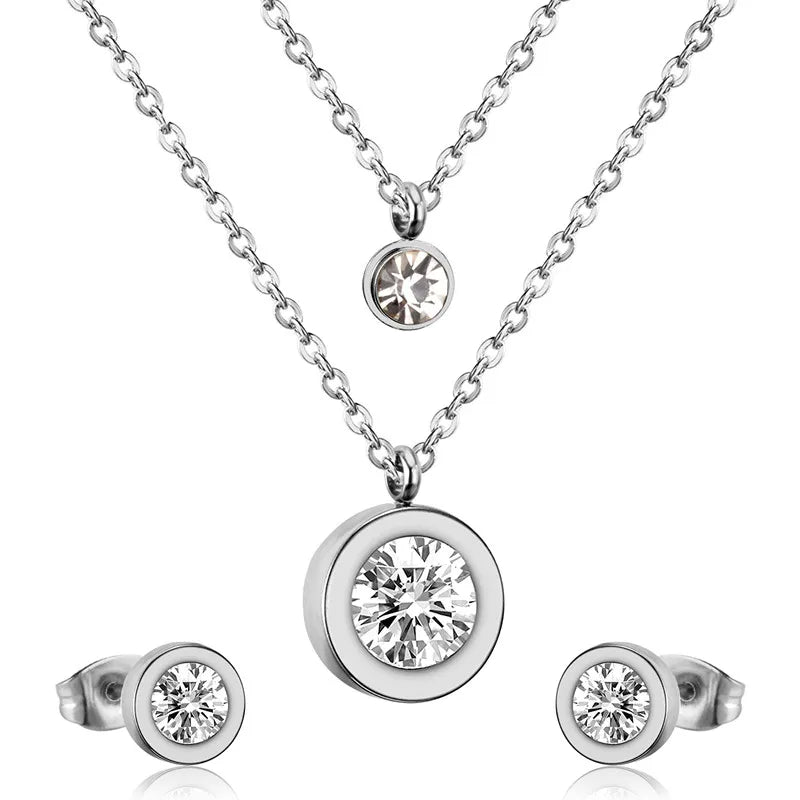 LUXUSTEEL Cubic Zirconia Jewelry Sets Stainless Steel Double Round Pendant Necklace Earring Sets Female Chain Jewelry Bijoux