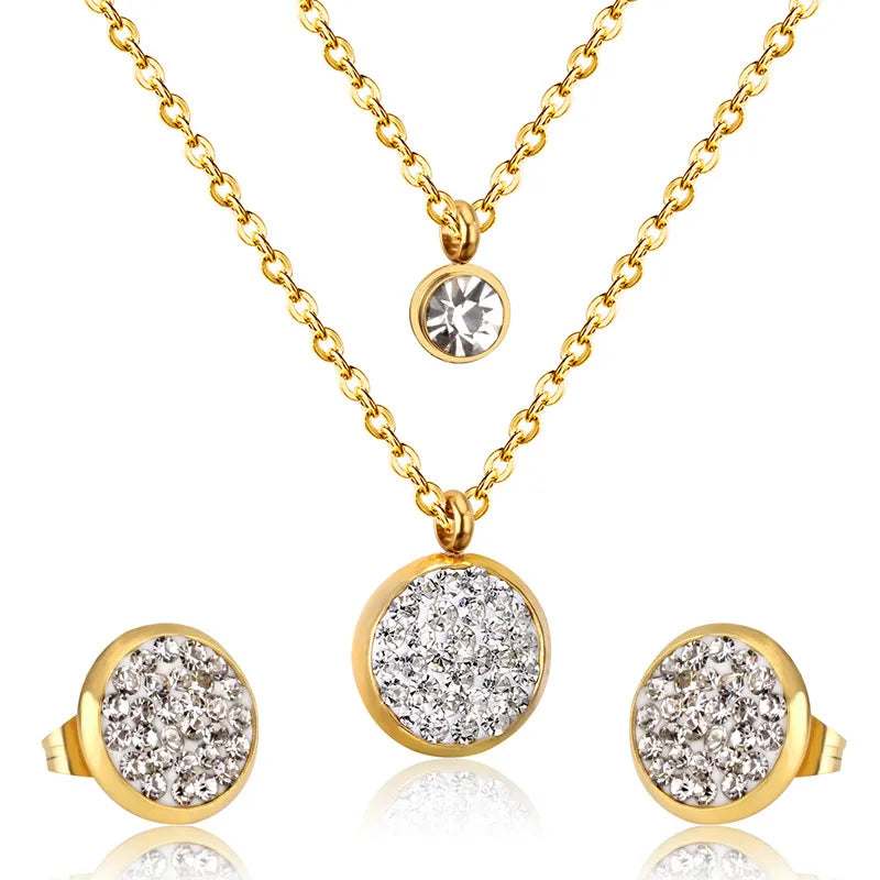 LUXUSTEEL Cubic Zirconia Jewelry Sets Stainless Steel Double Round Pendant Necklace Earring Sets Female Chain Jewelry Bijoux