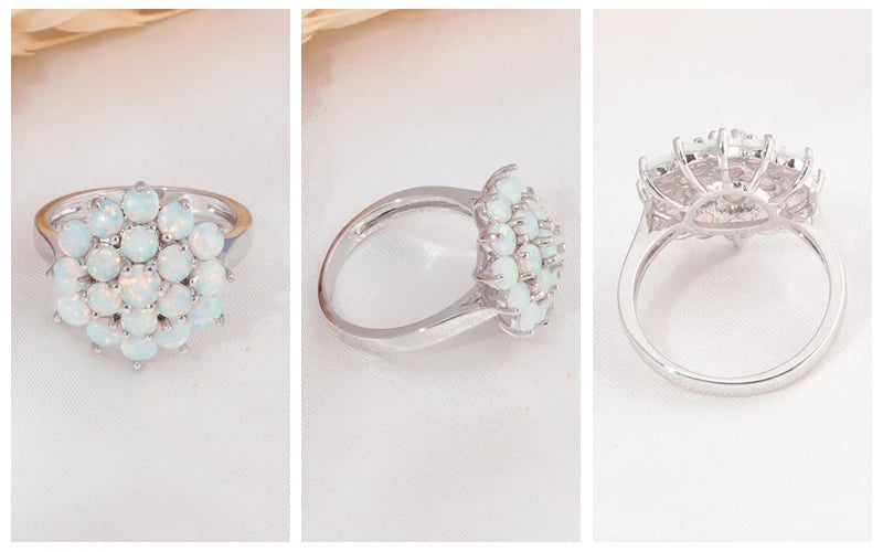 CiNily Luxury White Round Fire Opal Ring 925 Sterling Silver Flower Bloom Plant Big Ring Wedding Party Fashion Jewelry for Women
