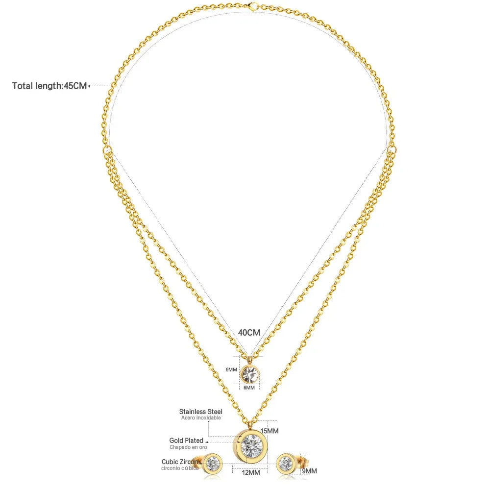 LUXUSTEEL Cubic Zirconia Jewelry Sets Stainless Steel Double Round Pendant Necklace Earring Sets Female Chain Jewelry Bijoux